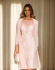 Sheath Column Scoop Long Sleeves Knee Length Mother Of The Bride Dresses With Lace Beading Appliques