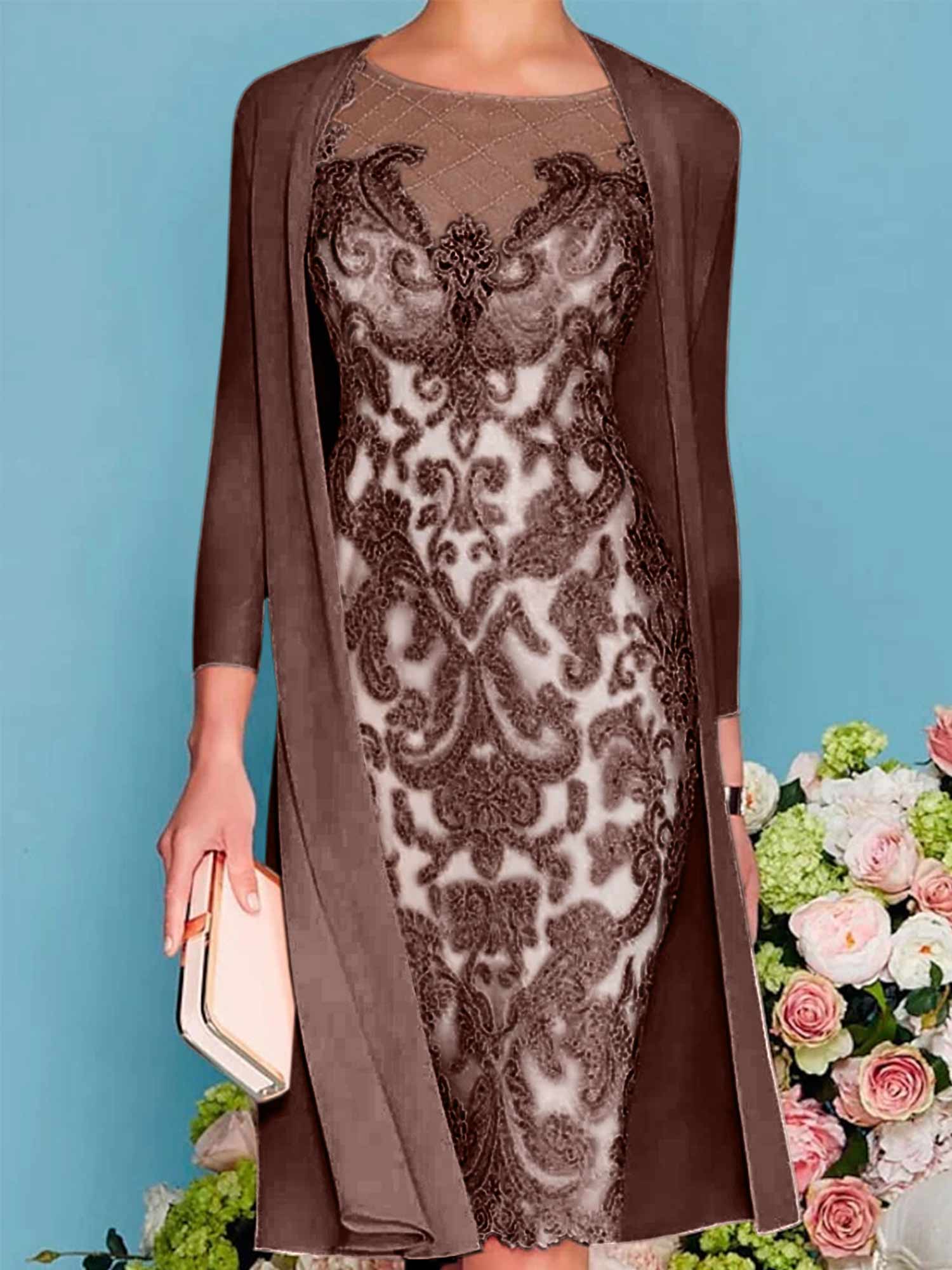 Sheath Column Scoop Long Sleeves Knee Length Mother Of The Bride Dresses With Lace Beading Appliques