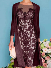 Sheath Column Scoop Long Sleeves Knee Length Mother Of The Bride Dresses With Lace Beading Appliques