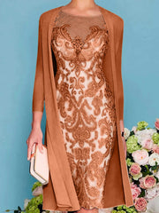 Sheath Column Scoop Long Sleeves Knee Length Mother Of The Bride Dresses With Lace Beading Appliques