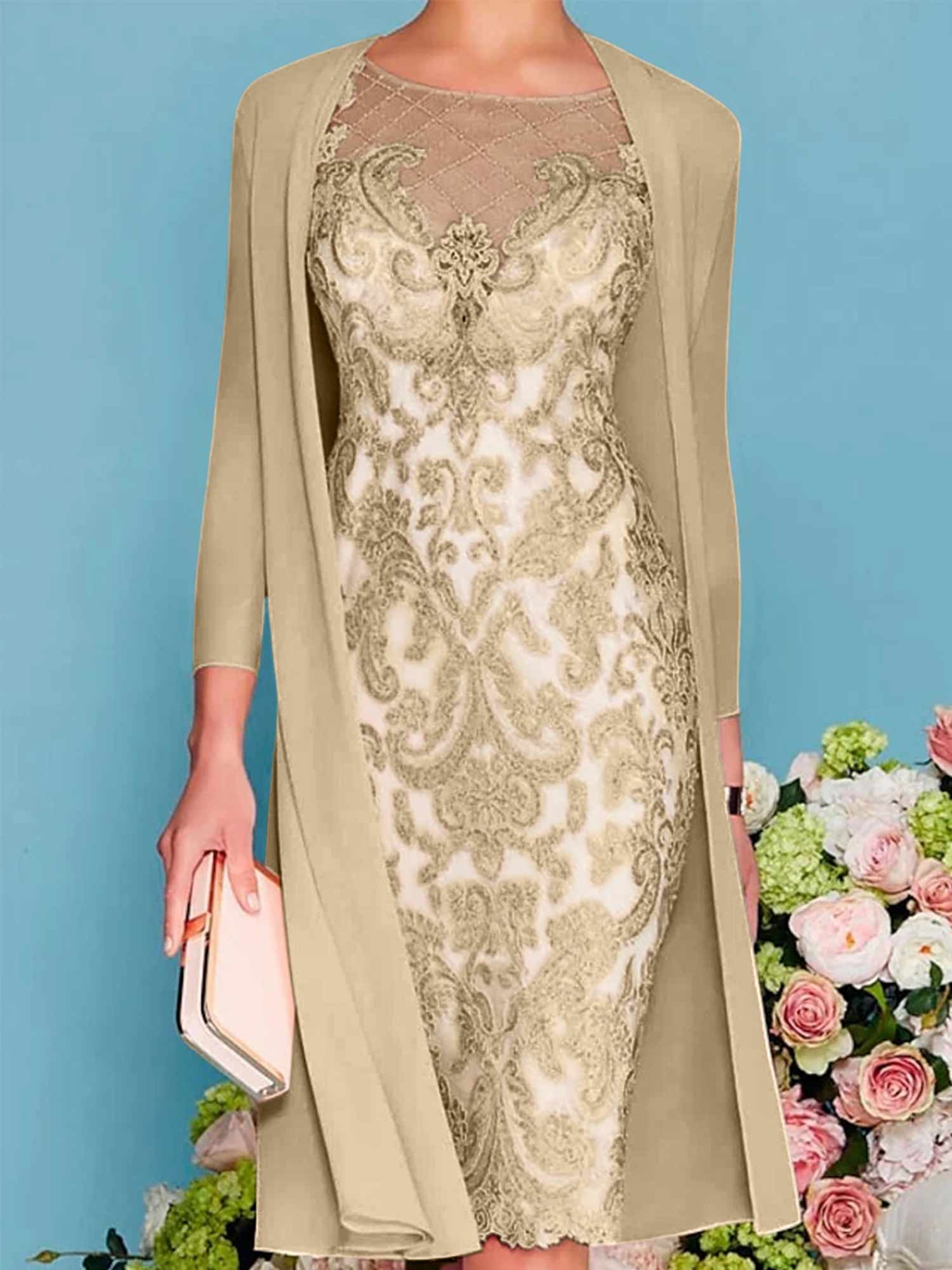 Sheath Column Scoop Long Sleeves Knee Length Mother Of The Bride Dresses With Lace Beading Appliques