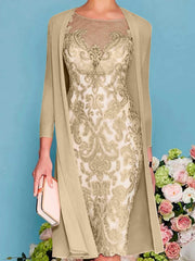 Sheath Column Scoop Long Sleeves Knee Length Mother Of The Bride Dresses With Lace Beading Appliques