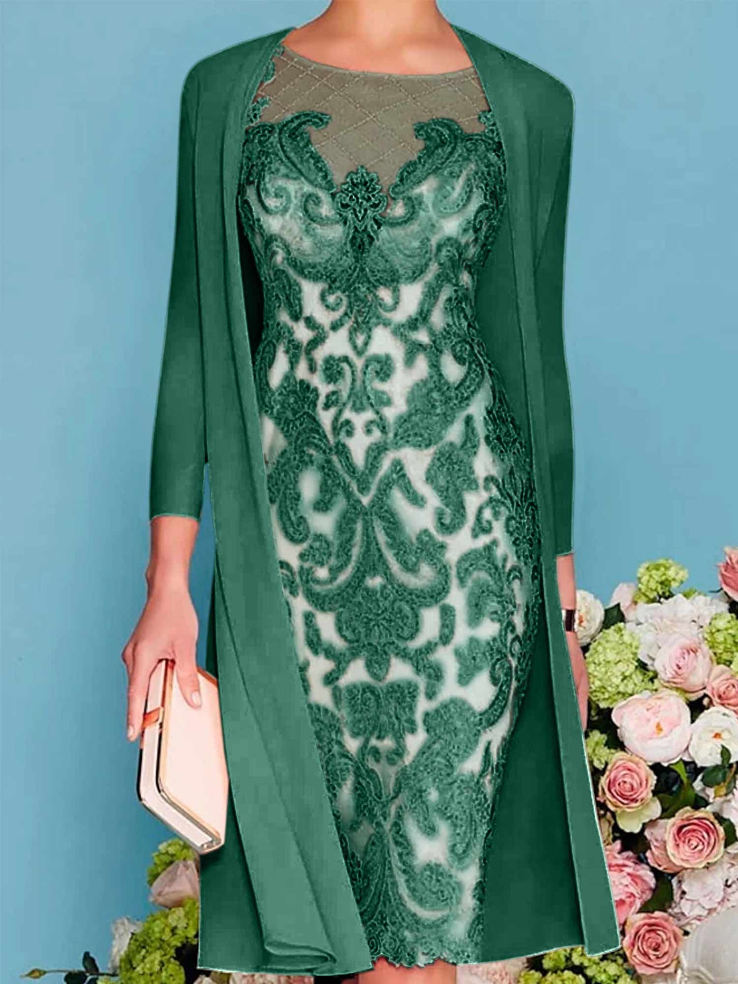 Sheath Column Scoop Long Sleeves Knee Length Mother Of The Bride Dresses With Lace Beading Appliques