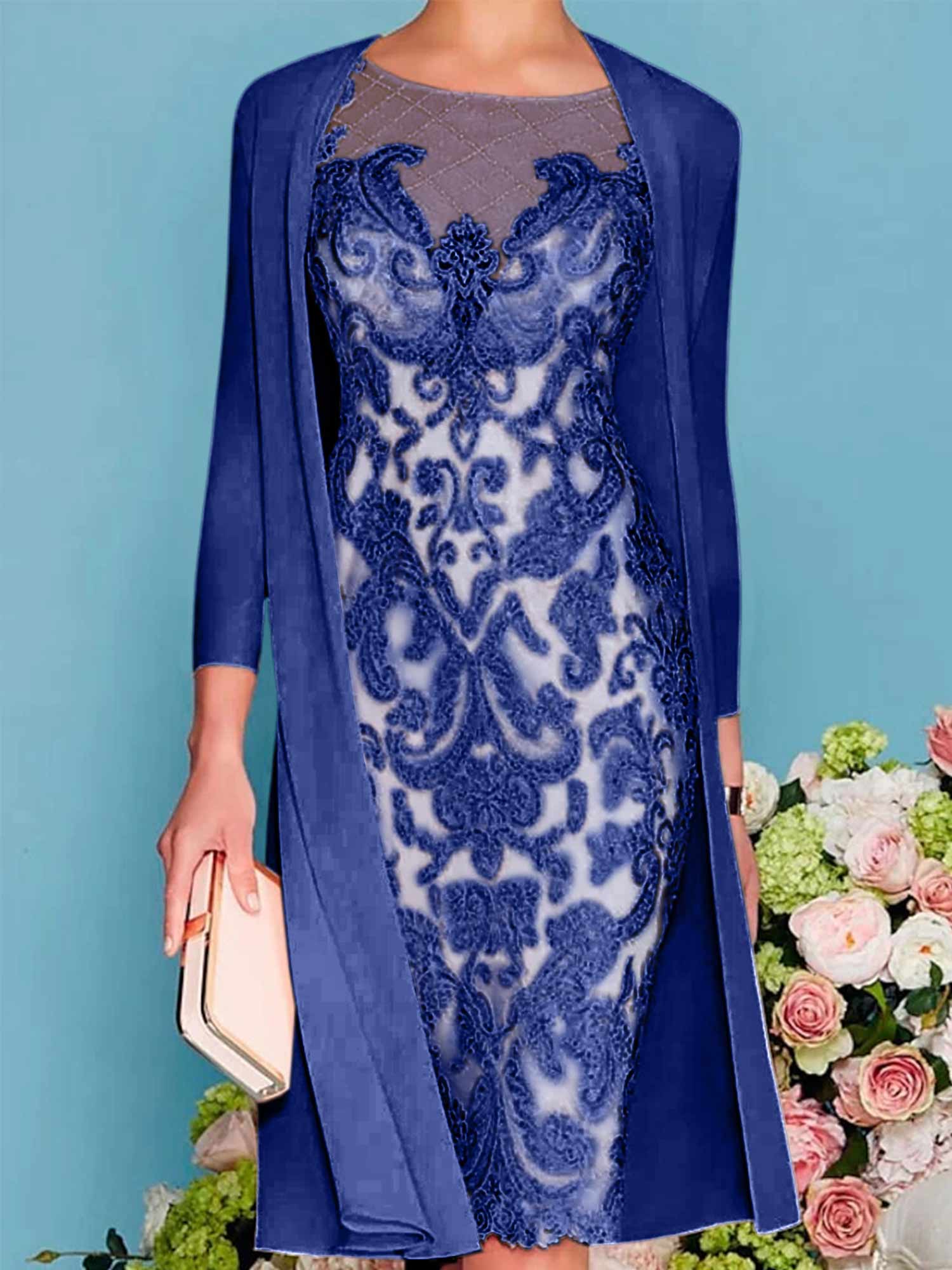 Sheath Column Scoop Long Sleeves Knee Length Mother Of The Bride Dresses With Lace Beading Appliques