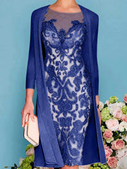 Sheath Column Scoop Long Sleeves Knee Length Mother Of The Bride Dresses With Lace Beading Appliques