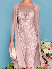 Sheath Column Scoop Long Sleeves Knee Length Mother Of The Bride Dresses With Lace Beading Appliques