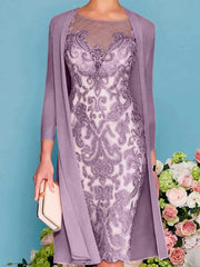 Sheath Column Scoop Long Sleeves Knee Length Mother Of The Bride Dresses With Lace Beading Appliques