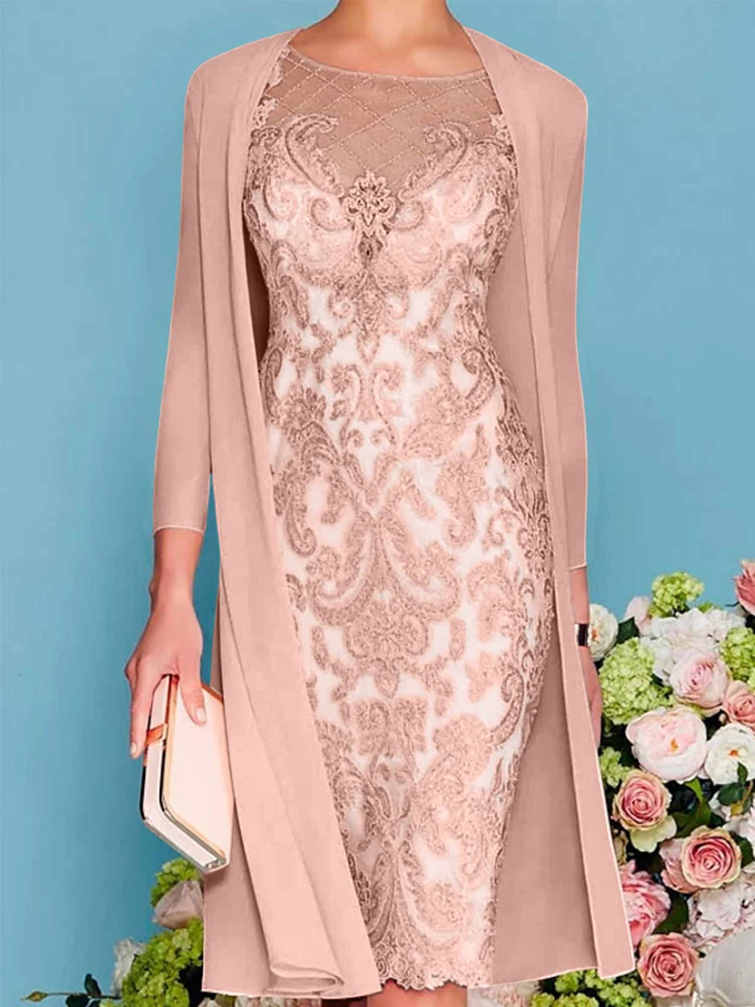 Sheath Column Scoop Long Sleeves Knee Length Mother Of The Bride Dresses With Lace Beading Appliques