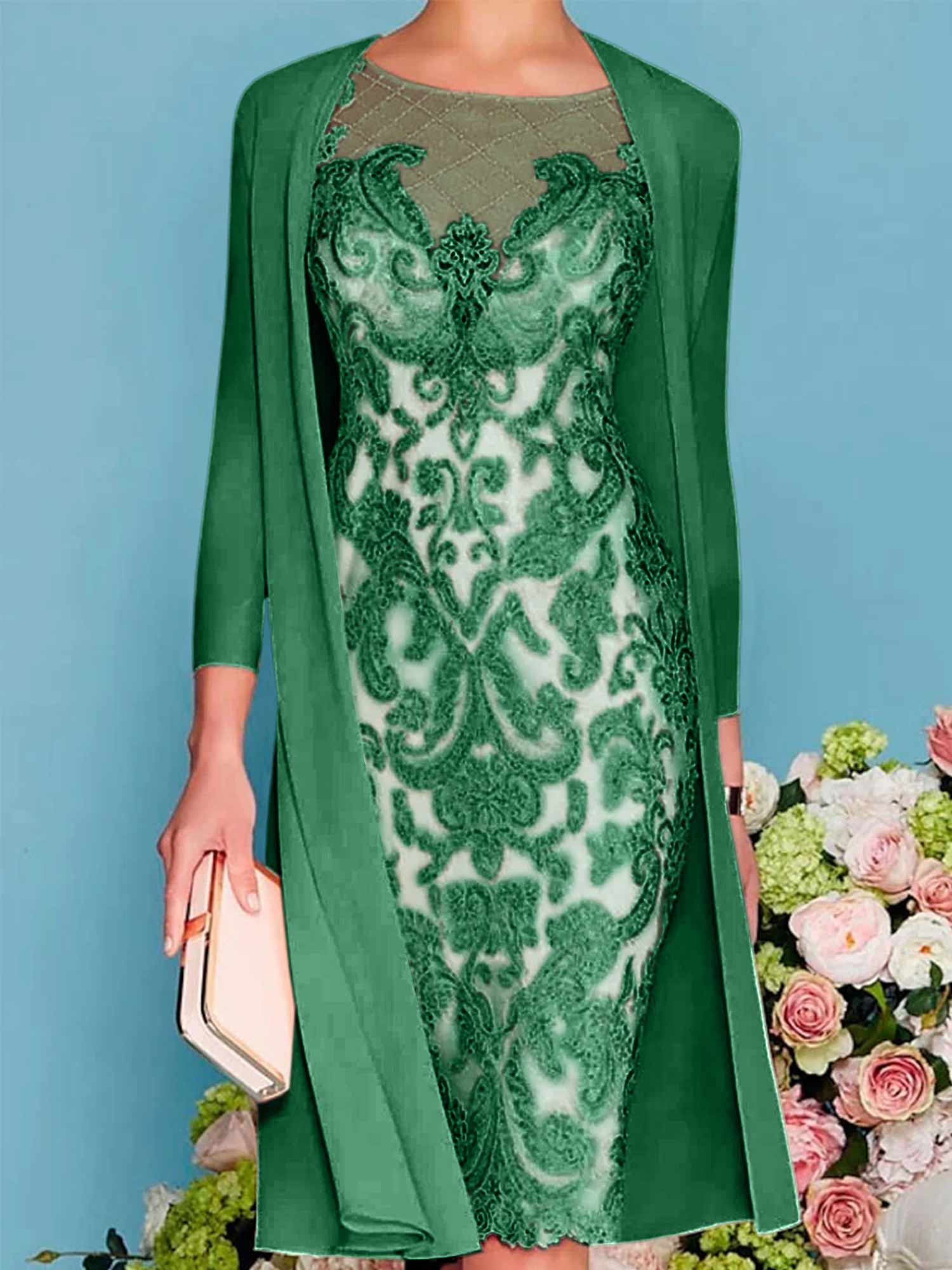 Sheath Column Scoop Long Sleeves Knee Length Mother Of The Bride Dresses With Lace Beading Appliques