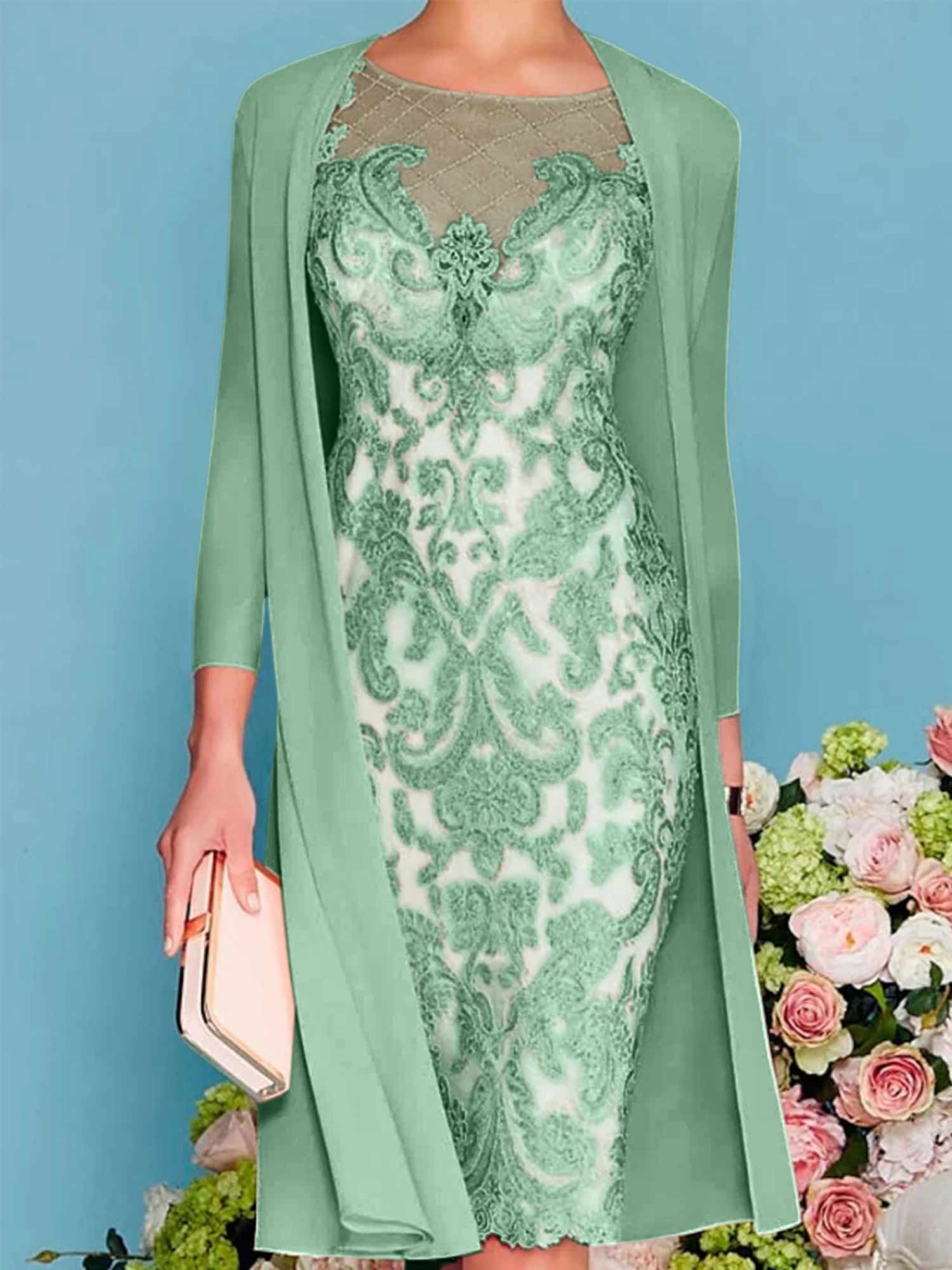 Sheath Column Scoop Long Sleeves Knee Length Mother Of The Bride Dresses With Lace Beading Appliques
