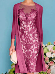 Sheath Column Scoop Long Sleeves Knee Length Mother Of The Bride Dresses With Lace Beading Appliques