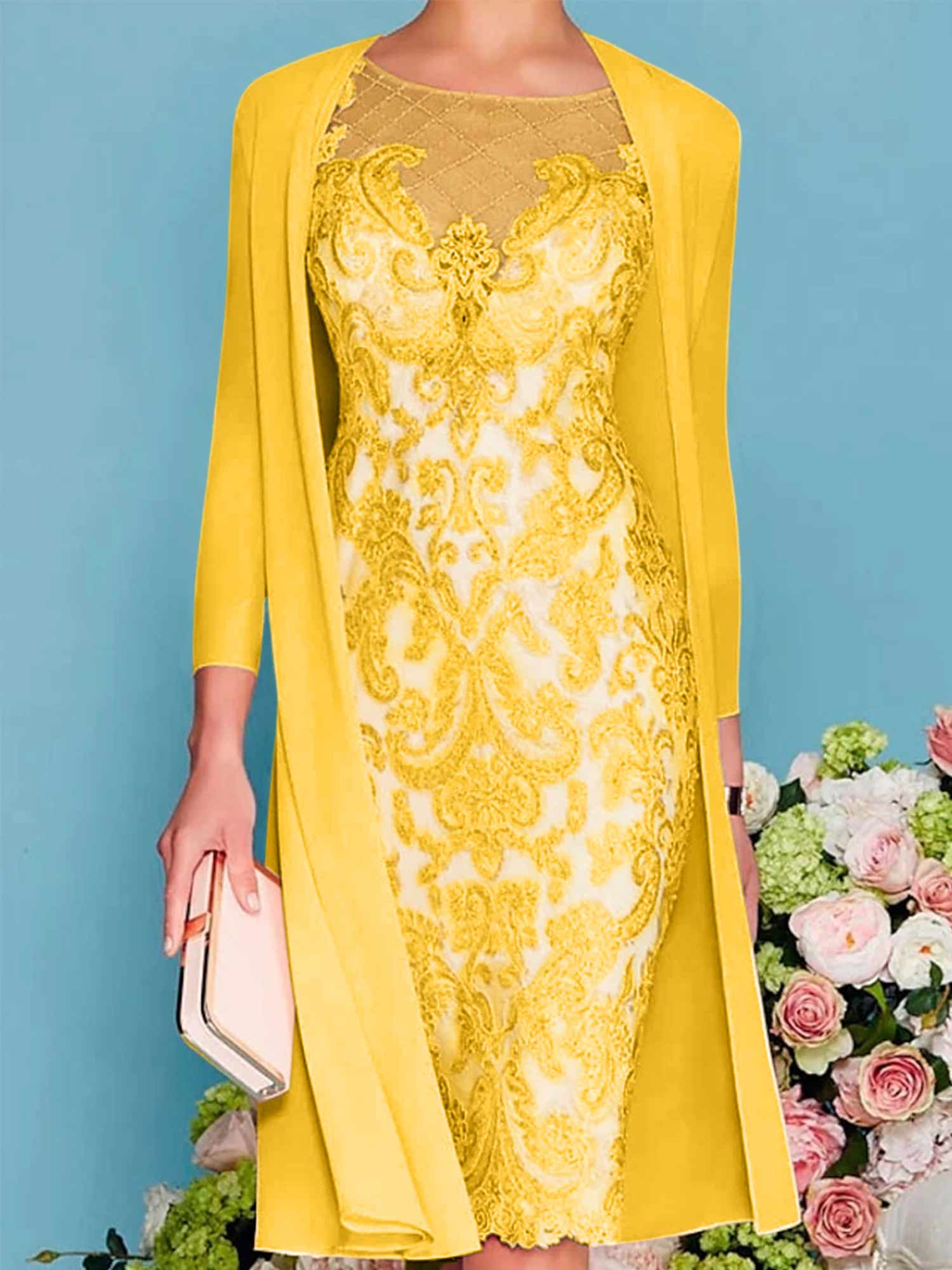 Sheath Column Scoop Long Sleeves Knee Length Mother Of The Bride Dresses With Lace Beading Appliques