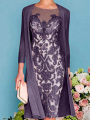 Sheath Column Scoop Long Sleeves Knee Length Mother Of The Bride Dresses With Lace Beading Appliques