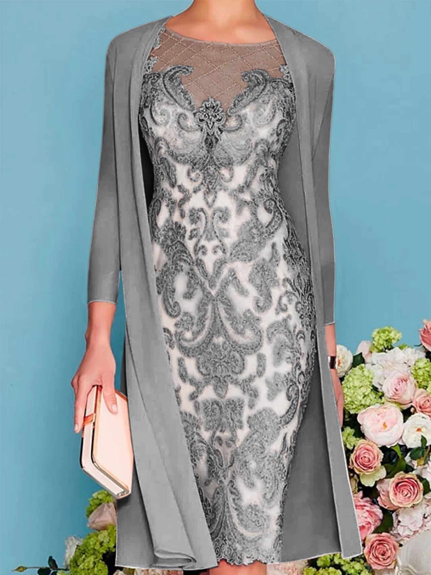 Sheath Column Scoop Long Sleeves Knee Length Mother Of The Bride Dresses With Lace Beading Appliques