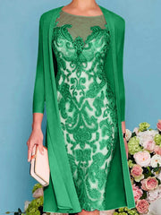 Sheath Column Scoop Long Sleeves Knee Length Mother Of The Bride Dresses With Lace Beading Appliques
