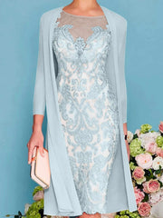 Sheath Column Scoop Long Sleeves Knee Length Mother Of The Bride Dresses With Lace Beading Appliques
