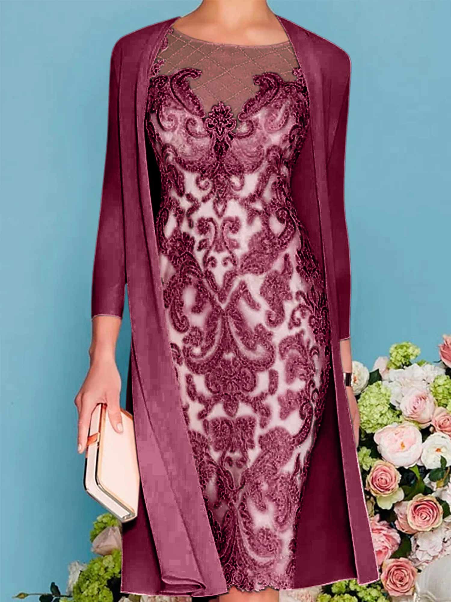 Sheath Column Scoop Long Sleeves Knee Length Mother Of The Bride Dresses With Lace Beading Appliques