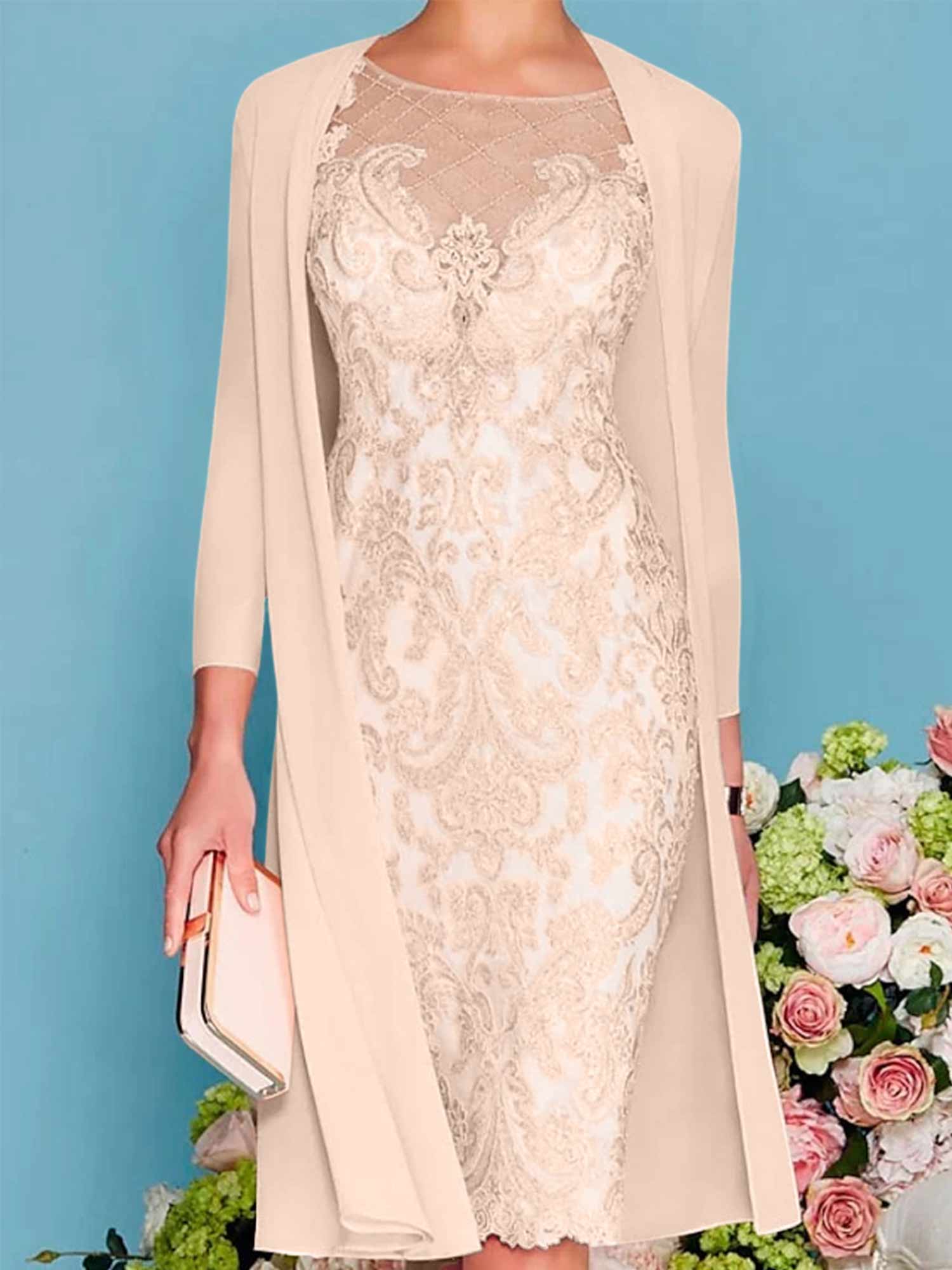 Sheath Column Scoop Long Sleeves Knee Length Mother Of The Bride Dresses With Lace Beading Appliques