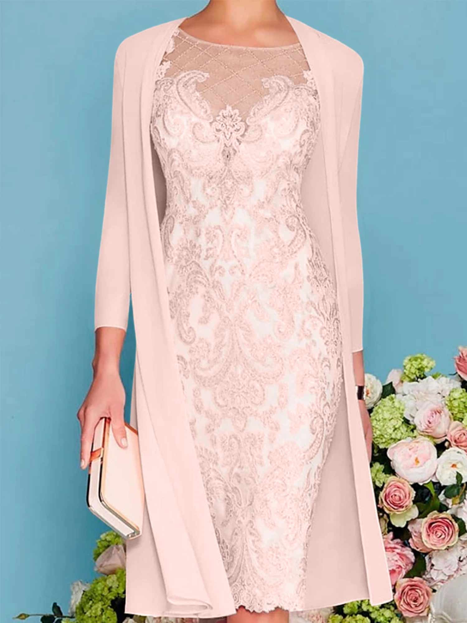 Sheath Column Scoop Long Sleeves Knee Length Mother Of The Bride Dresses With Lace Beading Appliques