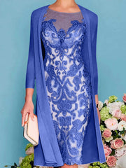 Sheath Column Scoop Long Sleeves Knee Length Mother Of The Bride Dresses With Lace Beading Appliques