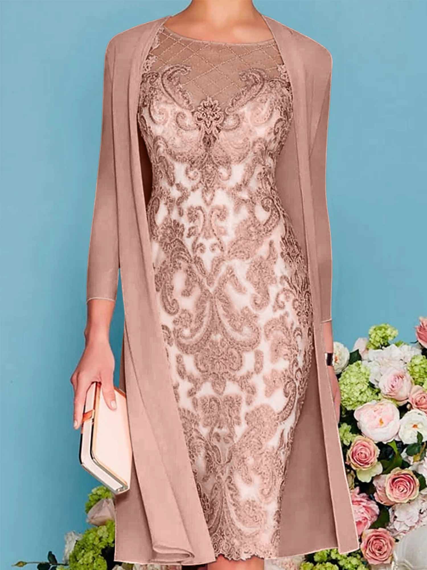 Sheath Column Scoop Long Sleeves Knee Length Mother Of The Bride Dresses With Lace Beading Appliques