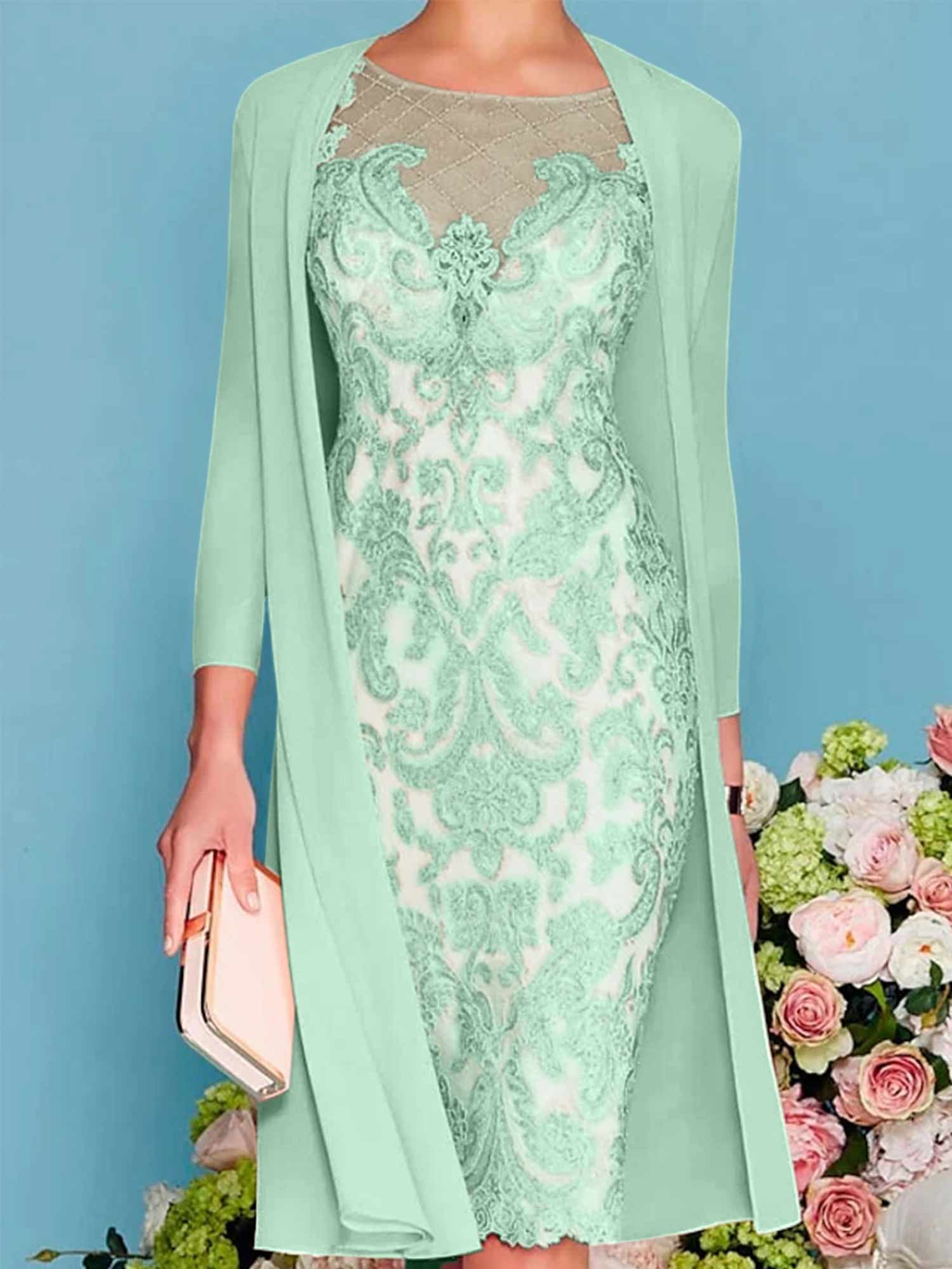 Sheath Column Scoop Long Sleeves Knee Length Mother Of The Bride Dresses With Lace Beading Appliques