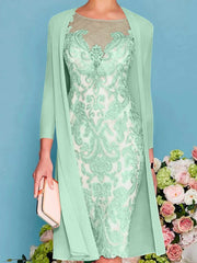 Sheath Column Scoop Long Sleeves Knee Length Mother Of The Bride Dresses With Lace Beading Appliques