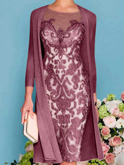 Sheath Column Scoop Long Sleeves Knee Length Mother Of The Bride Dresses With Lace Beading Appliques