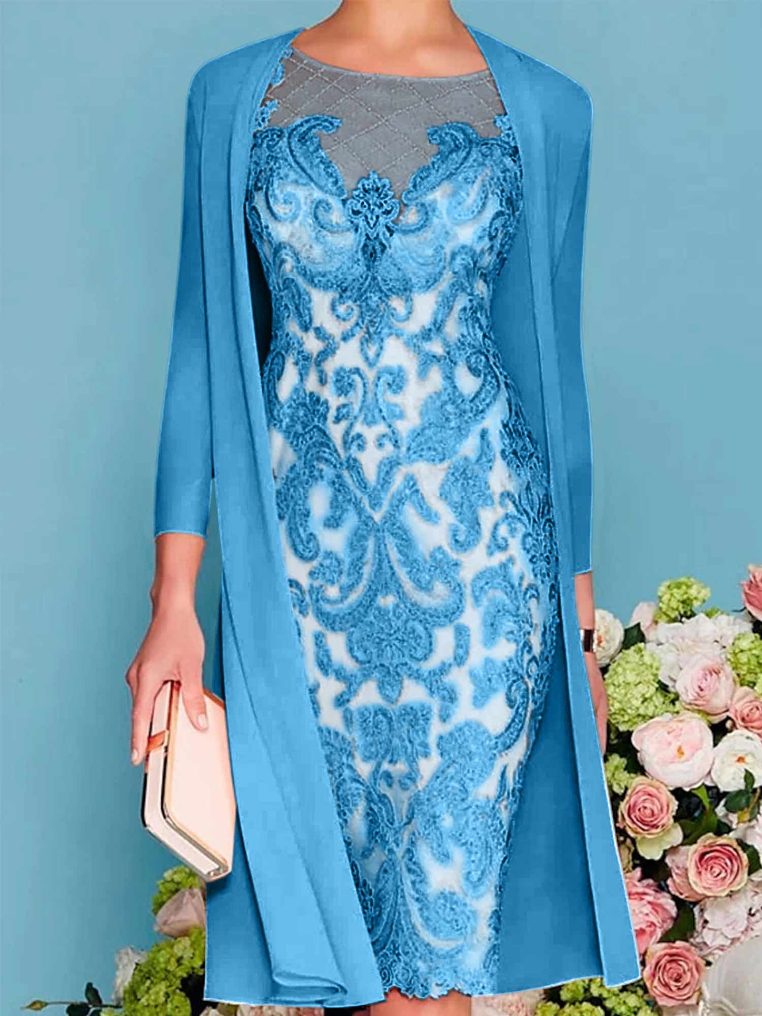 Sheath Column Scoop Long Sleeves Knee Length Mother Of The Bride Dresses With Lace Beading Appliques
