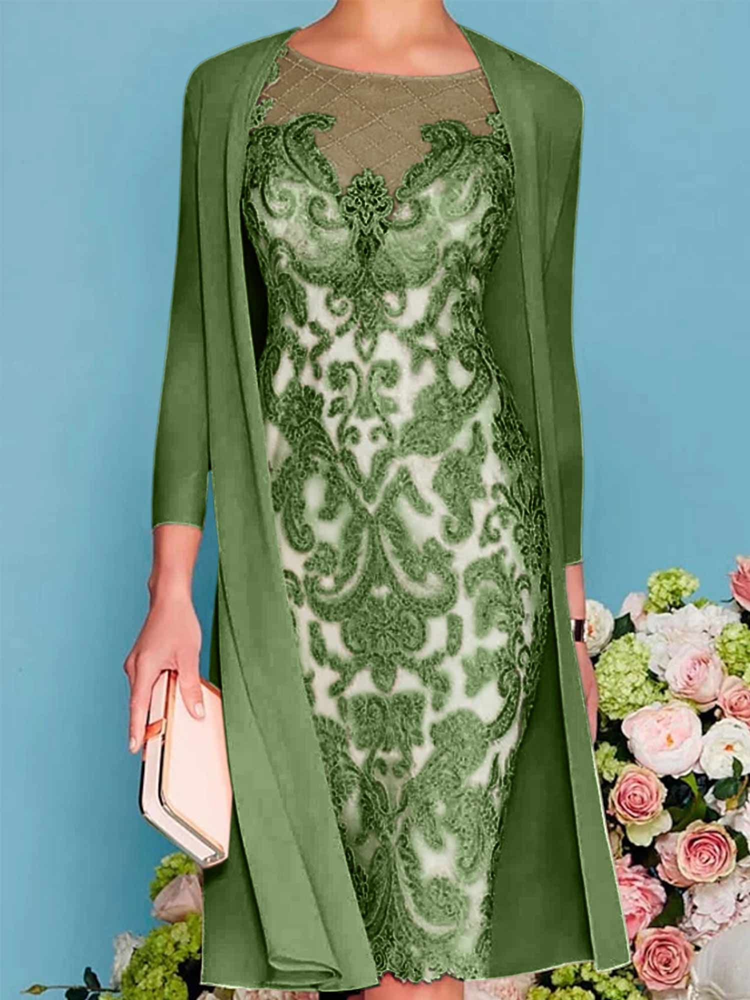 Sheath Column Scoop Long Sleeves Knee Length Mother Of The Bride Dresses With Lace Beading Appliques