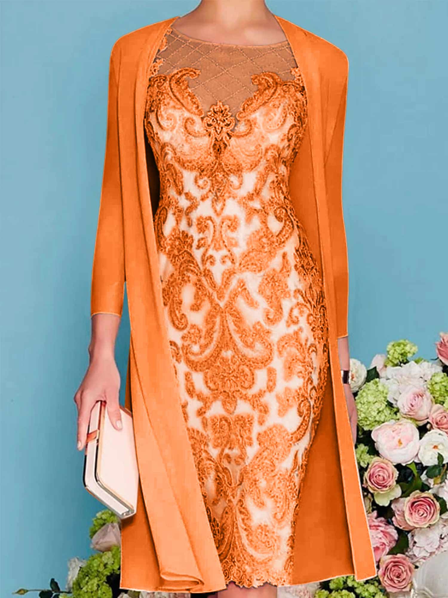 Sheath Column Scoop Long Sleeves Knee Length Mother Of The Bride Dresses With Lace Beading Appliques