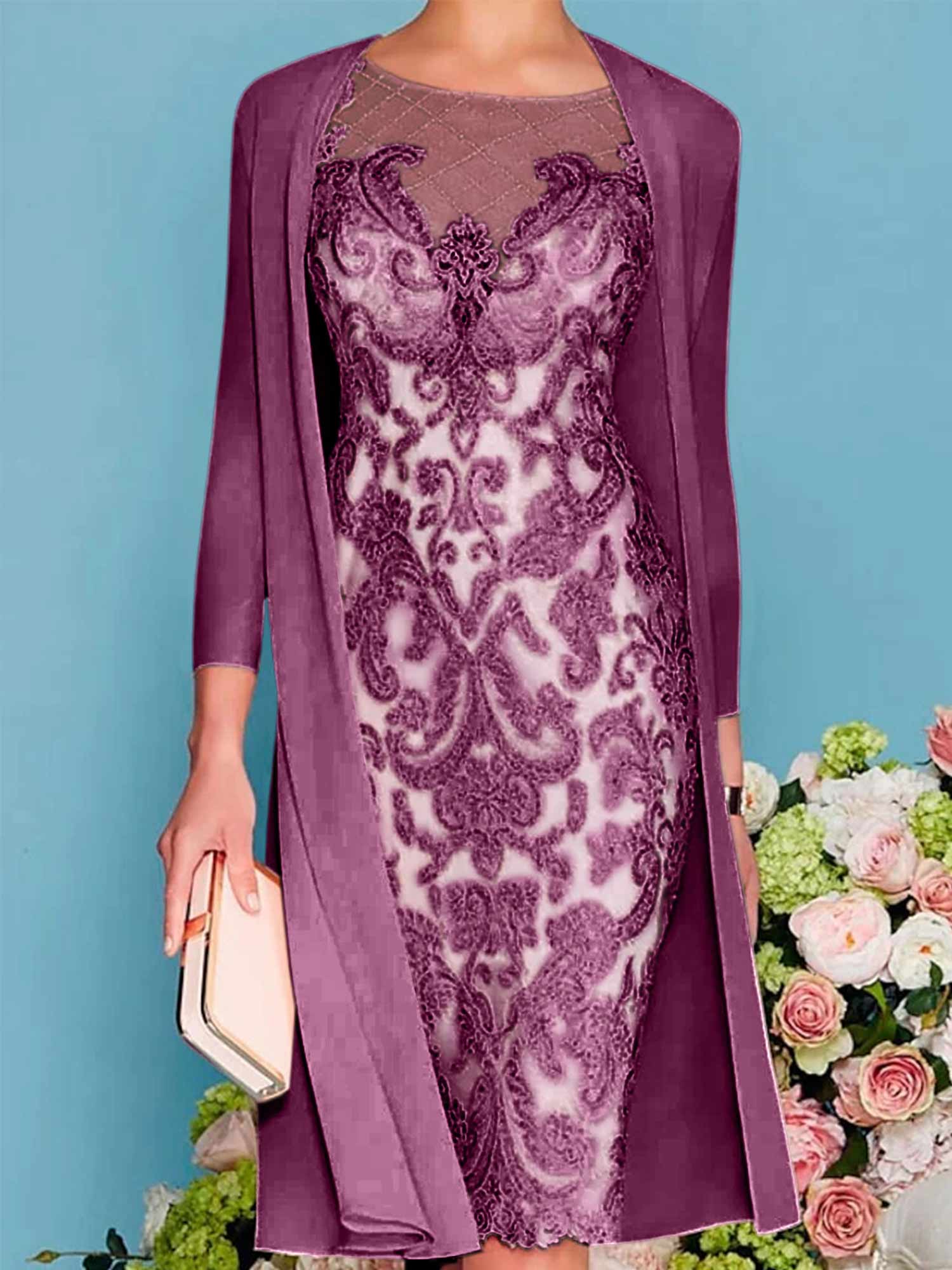 Sheath Column Scoop Long Sleeves Knee Length Mother Of The Bride Dresses With Lace Beading Appliques