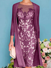 Sheath Column Scoop Long Sleeves Knee Length Mother Of The Bride Dresses With Lace Beading Appliques