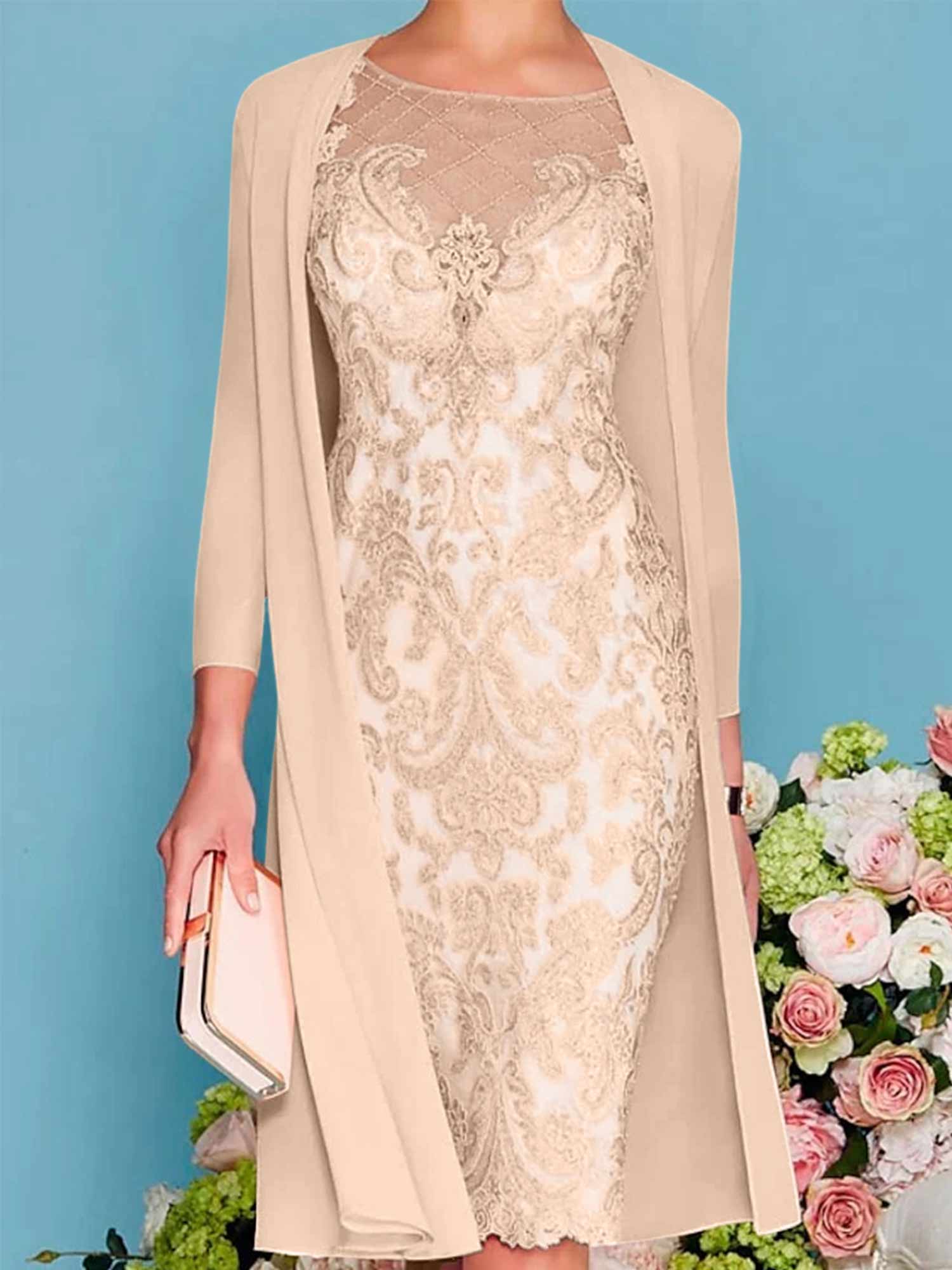 Sheath Column Scoop Long Sleeves Knee Length Mother Of The Bride Dresses With Lace Beading Appliques