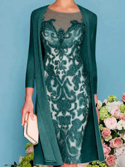 Sheath Column Scoop Long Sleeves Knee Length Mother Of The Bride Dresses With Lace Beading Appliques