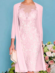 Sheath Column Scoop Long Sleeves Knee Length Mother Of The Bride Dresses With Lace Beading Appliques