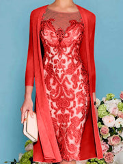 Sheath Column Scoop Long Sleeves Knee Length Mother Of The Bride Dresses With Lace Beading Appliques