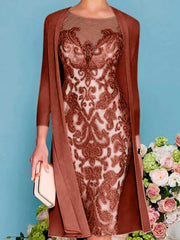 Sheath Column Scoop Long Sleeves Knee Length Mother Of The Bride Dresses With Lace Beading Appliques