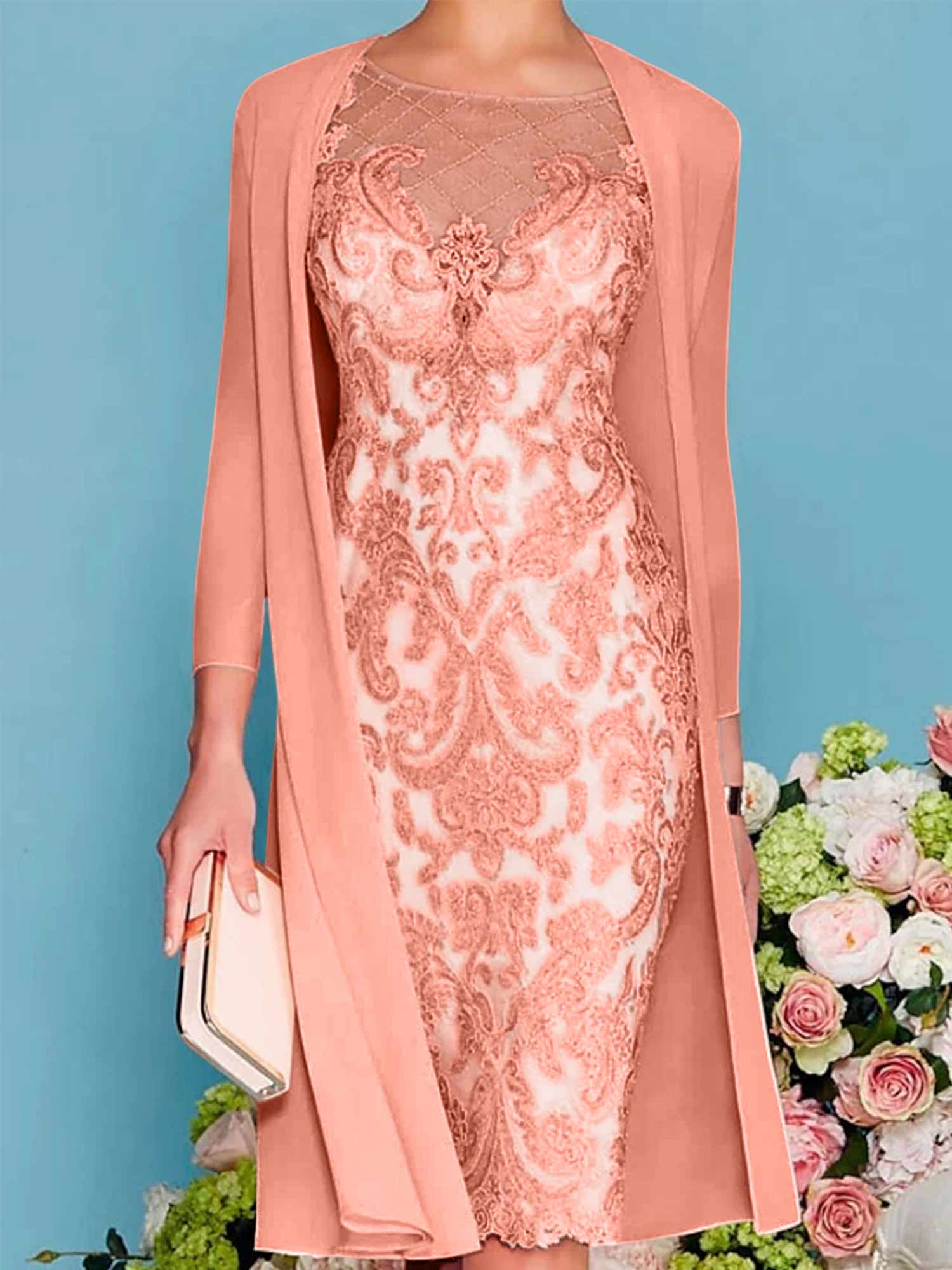 Sheath Column Scoop Long Sleeves Knee Length Mother Of The Bride Dresses With Lace Beading Appliques