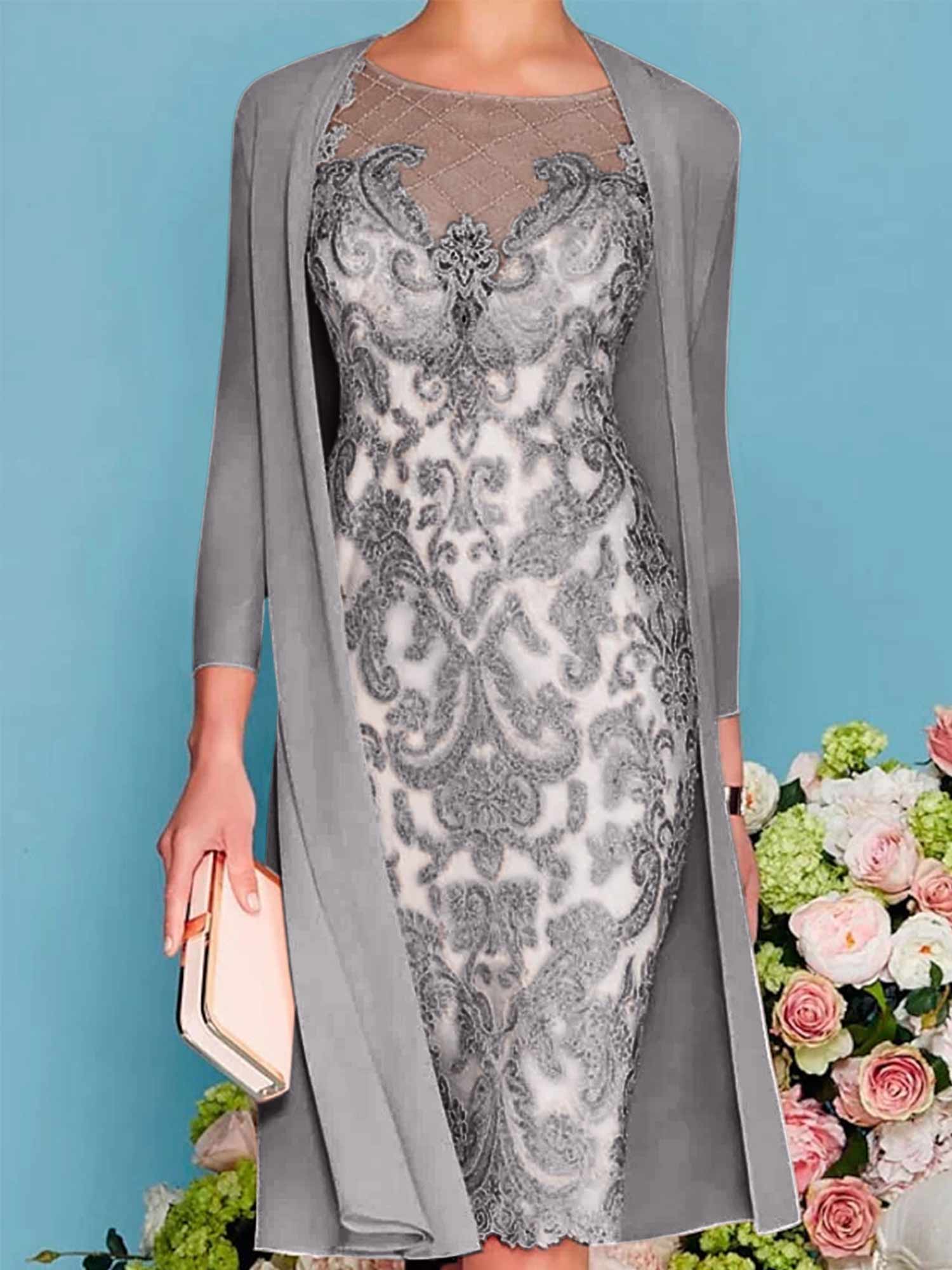 Sheath Column Scoop Long Sleeves Knee Length Mother Of The Bride Dresses With Lace Beading Appliques