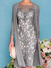 Sheath Column Scoop Long Sleeves Knee Length Mother Of The Bride Dresses With Lace Beading Appliques
