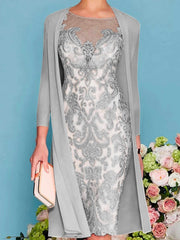 Sheath Column Scoop Long Sleeves Knee Length Mother Of The Bride Dresses With Lace Beading Appliques