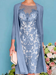 Sheath Column Scoop Long Sleeves Knee Length Mother Of The Bride Dresses With Lace Beading Appliques