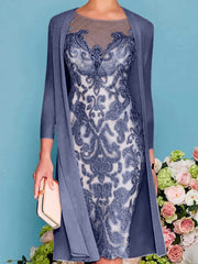 Sheath Column Scoop Long Sleeves Knee Length Mother Of The Bride Dresses With Lace Beading Appliques