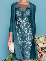 Sheath Column Scoop Long Sleeves Knee Length Mother Of The Bride Dresses With Lace Beading Appliques