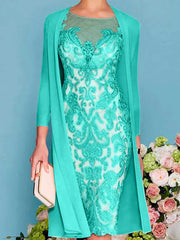 Sheath Column Scoop Long Sleeves Knee Length Mother Of The Bride Dresses With Lace Beading Appliques