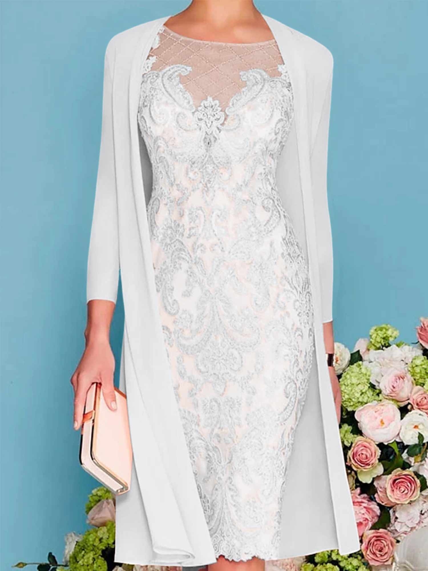 Sheath Column Scoop Long Sleeves Knee Length Mother Of The Bride Dresses With Lace Beading Appliques