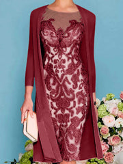Sheath Column Scoop Long Sleeves Knee Length Mother Of The Bride Dresses With Lace Beading Appliques