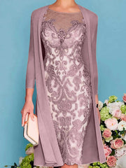 Sheath Column Scoop Long Sleeves Knee Length Mother Of The Bride Dresses With Lace Beading Appliques