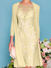 Sheath Column Scoop Long Sleeves Knee Length Mother Of The Bride Dresses With Lace Beading Appliques